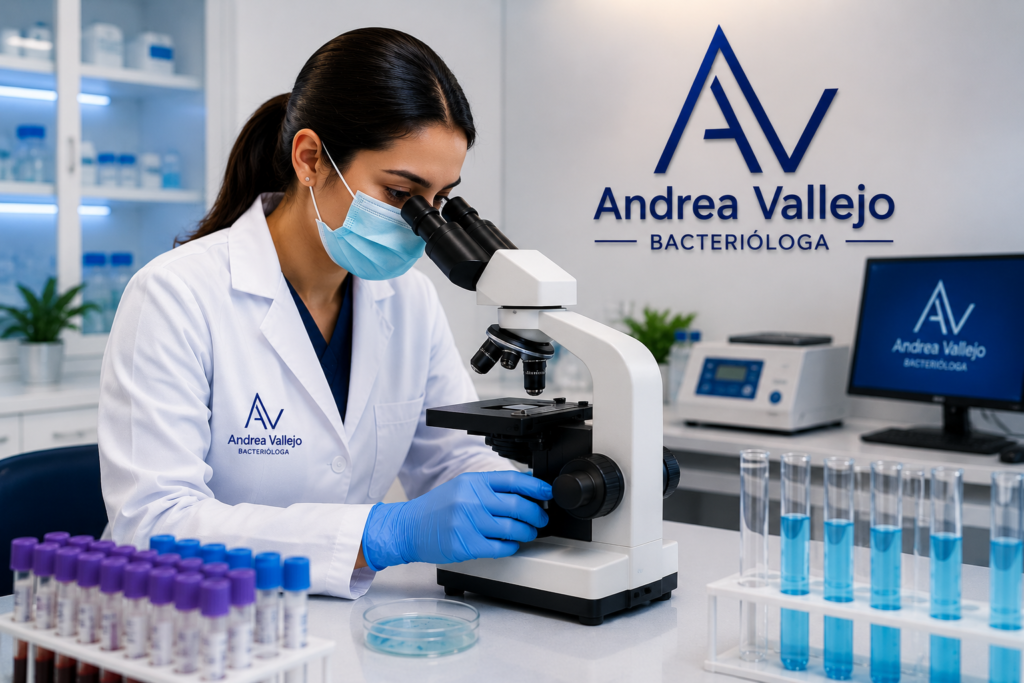 Bacterióloga Andrea Vallejo realizando análisis de laboratorio clínico en Bogotá.