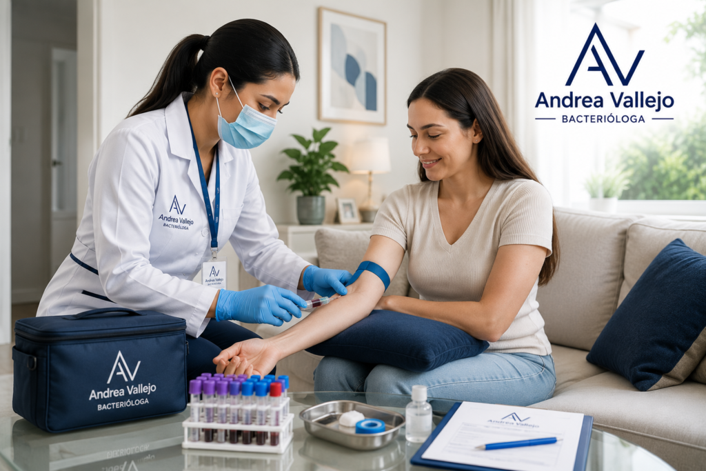 Bacterióloga Andrea Vallejo realizando toma de muestra de sangre a domicilio en Bogotá.
